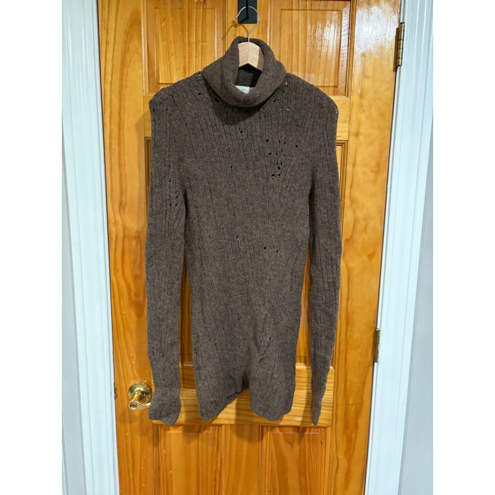 Inhabit Merino Alpaca Distressed Knit Turtleneck Brown Rib Sweater Size L